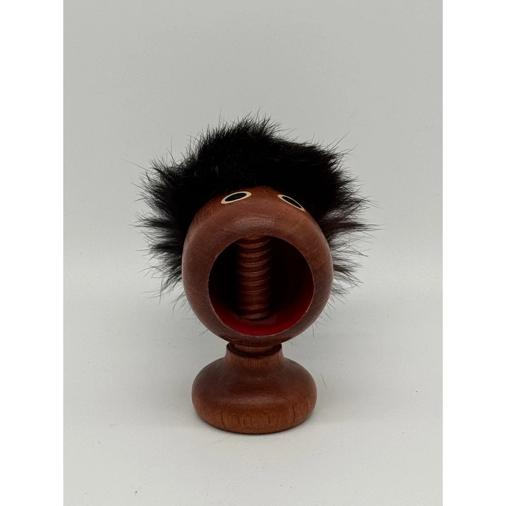 Vintage 60s MCM Japan Wooden Troll Screw Nutcracker The Scream Teak Fur Hair